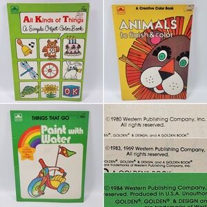 VTG Golden All Kinds of Things That Go Animals Draw Paint Coloring‎ Book Lot 80s